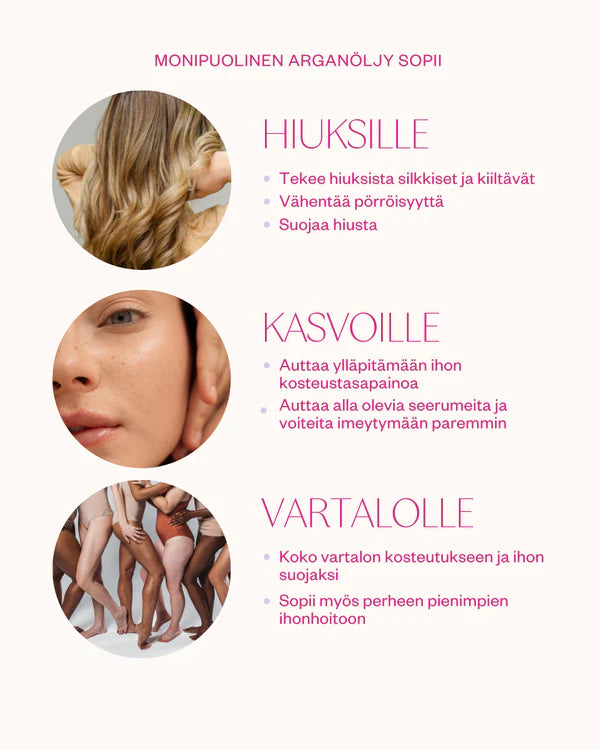 ORGANIC ARGAN OIL IHONHOITOÖLJY kasvoille, vartalolle ja hiuksille 100 ml